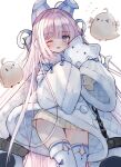  &gt;_&lt; 1girl ;d afterimage animal animal_hug azur_lane bangs blue_eyes blush brown_sweater cat chain closed_eyes coat commentary_request eyebrows_visible_through_hair flying_sweatdrops fur-trimmed_coat fur-trimmed_sleeves fur_trim hair_intakes highres long_hair long_sleeves looking_at_viewer manjuu_(azur_lane) one_eye_closed open_mouth purple_hair simple_background sleeves_past_fingers sleeves_past_wrists smile solo sweater tandohark tashkent_(azur_lane) thighhighs very_long_hair white_background white_coat white_legwear 