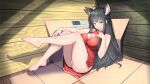  1girl absurdres ahoge animal_ear_fluff animal_ears bangs barefoot black_hair blush box braid breasts cardboard_box cat_ears cleavage cleavage_cutout clothing_cutout copyright_request dress eyebrows_visible_through_hair feet green_eyes hand_on_own_chest hand_on_own_leg highres konishi_(565112307) large_breasts legs_up long_hair looking_at_viewer panties red_dress sidelocks solo toes underwear very_long_hair white_panties wooden_floor wooden_wall 