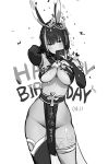  1girl absurdres animal_ears arm_up armpits breasts bridal_gauntlets cleavage commission confetti dated egyptian_clothes egyptian_mythology elbow_gloves fingerless_gloves gloves greyscale hair_ornament happy_birthday head_tilt highres medium_breasts mole mole_on_breast monochrome multicolored_hair no_panties original pelvic_curtain revealing_clothes second-party_source set_(mythology) simple_background single_thighhigh solo standing streaked_hair thighhighs thighlet uthy white_background 