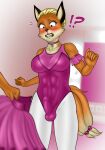  absurd_res anthro ballerina ballet balls_outline buffbumblebee bulge canid canine caught clothed clothing collar crossdressing embarrassed fake_breasts fox genital_outline hi_res leotard male mammal penis_outline solo tight_clothing 