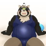  2021 anthro blush bodily_fluids brown_body brown_fur canid canine clothing fur hi_res humanoid_hands kemono live-a-hero male mammal one-piece_swimsuit overweight overweight_male raccoon_dog school_swimsuit shoen simple_background sitting solo swimwear tanuki tears video_games yaki_atsuage 