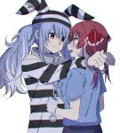  animal_ears bangs blue_hair blush bunny_ears chain clothes_pin collar cuffs highres hololive homura910210 houshou_marine long_hair long_sleeves multiple_girls police police_uniform prison_clothes rabbit_girl red_eyes red_hair shirt striped striped_shirt sweat twintails uniform usada_pekora virtual_youtuber 