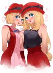  2girls :d absurdres alternate_breast_size aqua_eyes armpit_crease bare_shoulders black_bow black_ribbon black_shirt blonde_hair blue_bow blue_neckwear blush bow breast_press breasts commentary dress dual_persona english_commentary eyebrows_visible_through_hair hat hat_bow hat_ribbon heart high-waist_skirt highres huge_breasts long_hair looking_at_viewer mixed-language_commentary multiple_girls no_bra official_alternate_costume open_mouth pink_dress pokemon pokemon_(anime) pokemon_(game) pokemon_xy pokemon_xy_(anime) red_headwear red_skirt ribbon serena_(pokemon) shirt shirt_tucked_in short_hair skirt sleeveless sleeveless_duster smile sumisumii symmetrical_docking upper_body upper_teeth very_long_hair 