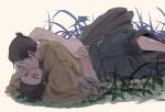  2boys black_hair closed_eyes couple face-to-face facial_hair ghost_of_tsushima grass hair_pulled_back hakama highres hug japanese_clothes kimono kiss ksks30 lying male_focus multiple_boys on_back on_ground on_person outdoors ryuzo_(ghost_of_tsushima) sakai_jin short_hair sideburns topknot waist_hug yaoi 