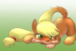  2014 alternate_species applejack_(mlp) blonde_hair canid canine canis domestic_dog equid equine eyelashes feral friendship_is_magic fur green_eyes hair hasbro horse mammal my_little_pony object_in_mouth pony simple_background solo tan_body tan_fur transformation yajima 