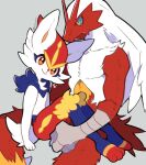  1boy 1girl animal_ears animal_nose artist_name beak bird_boy blaziken blue_eyes blue_fur body_fur bunny_ears bunny_tail cinderace closed_mouth collarbone colored_sclera commentary flat_chest from_side furry gacho_(220_vvv) gen_3_pokemon gen_8_pokemon grey_background happy head_tilt knees_up long_hair orange_eyes paws pectorals pokemon pokemon_(creature) rabbit_girl red_fur red_hair short_hair signature simple_background sitting sitting_on_lap sitting_on_person smile symbol_commentary tail toned toned_male white_fur white_hair yellow_fur yellow_sclera 