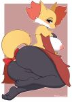  2018 anthro areola blue_eyes blush breasts butt delphox edit eyelashes fan_character female genitals hi_res inner_ear_fluff nintendo nipples pinkcappachino pok&eacute;mon pok&eacute;mon_(species) pussy ribbons signature simple_background smile solo tail_bow tail_ribbon text thick_thighs tuft video_games watermark wide_hips 