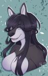  anthro blue_eyes breasts bust_portrait featureless_breasts female grin hair happy hi_res kangaroo long_hair macropod mammal marsupial miss_rain open_mouth portrait raine_kirijo shaded simple_background simple_shading smile solo teeth tongue 
