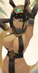  1girl absurdres animal_ears aqua_eyes armpits arms_up bangs black_gloves black_hair blue_hair blunt_bangs breasts cleavage commission cowboy_shot dark_skin egyptian_clothes egyptian_mythology elbow_gloves eyebrows_visible_through_hair gloves hair_ornament highres large_breasts multicolored_hair no_panties original pelvic_curtain revealing_clothes second-party_source set_(mythology) solo streaked_hair tonki 