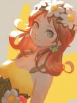  1girl bare_shoulders bellhenge blue_eyes breasts brown_hair cleavage dress earrings flower flower_earrings hair_flower hair_ornament jewelry looking_at_viewer mario_(series) mario_kart mario_kart_tour princess_daisy yellow_dress 