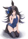  1girl animal_ears bangs bare_arms bare_shoulders black_hair black_headwear black_legwear blue_flower blue_rose blue_swimsuit chen_bingyou collarbone commentary_request covered_navel eyebrows_visible_through_hair eyes_visible_through_hair flower full_body hair_over_one_eye hand_up hat hat_flower head_tilt highres horse_ears horse_girl horse_tail long_hair looking_at_viewer no_shoes one-piece_swimsuit parted_lips purple_eyes rice_shower_(umamusume) rose school_uniform solo swimsuit tail thighhighs tilted_headwear umamusume very_long_hair wavy_mouth white_background 