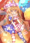  1girl :d american_flag_dress balloon bangs blonde_hair blush breasts card clownpiece club_(shape) diamond_(shape) english_text eyebrows_behind_hair fairy_wings fang feet_out_of_frame hair_between_eyes happy hat highres holding holding_balloon jester_cap long_hair looking_at_viewer maruro medium_breasts neck_ruff open_mouth pantyhose petticoat pink_eyes pink_headwear polka_dot short_sleeves skin_fang smile solo spade_(shape) standing star_(symbol) star_print touhou very_long_hair wings 