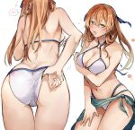  1girl absurdres adjusting_clothes adjusting_swimsuit arm_under_breasts ass back bikini blue_ribbon blush breasts cleavage flying_sweatdrops from_behind girls_frontline green_eyes hair_between_eyes hand_on_own_thigh highres kyoyakyo large_breasts long_hair m1903_springfield_(girls_frontline) multiple_views navel ribbon sarong solo spoken_blush swimsuit wardrobe_malfunction white_background white_bikini 