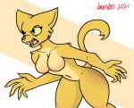  angry anthro bethesda_softworks big_breasts big_ears breasts claws exposed_breasts fangs featureless_breasts felid female fur iwondery katia_managan khajiit mammal nude open_mouth prequel simple_background solo the_elder_scrolls thick_thighs video_games webcomic yellow_body yellow_fur 
