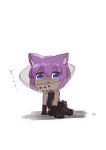  1girl animal_ear_fluff animal_ears bare_shoulders black_bodysuit bodysuit cat_ears chibi dark_skin dark_skinned_female fate/prototype fate/prototype:_fragments_of_blue_and_silver fate_(series) hassan_of_serenity_(fate) highres i.u.y kemonomimi_mode pet_cone purple_eyes purple_hair shadow solo translation_request white_background 