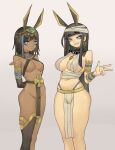  2girls absurdres animal_ears anubis armlet arms_behind_back bangs black_hair black_legwear blue_eyes blue_hair blunt_bangs bracer breasts cleavage commission dark_skin egyptian_clothes egyptian_mythology eyebrows_visible_through_hair grey_background grin hair_ornament highleg highleg_panties highres jewelry large_breasts long_hair medium_breasts medium_hair multicolored_hair multiple_girls navel necklace no_panties original panties pelvic_curtain revealing_clothes second-party_source set_(mythology) sidelocks simple_background single_earring single_thighhigh smile standing streaked_hair string_panties thighhighs thighlet thighs underwear vulcan_(ejel2000) w 