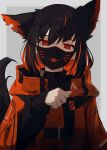  1girl animal_ears bangs black_hair colored_inner_hair earrings extra_ears eyebrows_visible_through_hair fox_ears fox_tail hair_between_eyes high_collar highres jacket jewelry looking_at_viewer mask mouth_mask multicolored_hair nagishiro_mito original paw_pose short_hair simple_background solo tail two-tone_background upper_body 