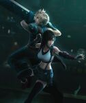  1boy 1girl absurdres armor black_hair black_legwear black_skirt blonde_hair breasts buster_sword cloud_strife crop_top elbow_gloves elbow_pads final_fantasy final_fantasy_vii final_fantasy_vii_remake fingerless_gloves gloves green_eyes highres large_breasts long_hair looking_to_the_side looking_up low-tied_long_hair materia midriff navel open_mouth ranh red_eyes red_footwear shoes shoulder_armor signature skirt sleeveless sleeveless_turtleneck spiked_hair suspender_skirt suspenders suspenders_gap sword tank_top teeth thighhighs tifa_lockhart turtleneck weapon white_tank_top 