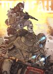  1boy aiming assault_rifle atlas_(titanfall) copyright_name extra_eyes glowing glowing_eyes gun holding holding_gun holding_weapon mecha on_mecha r-101c_carbine rifle science_fiction squatting tajima_(minagawa) titanfall titanfall_(series) weapon 