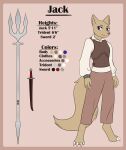  anthro armor blue_eyes bottomwear bracelet canid canine canis clothed clothing fur hi_res jack_(jackwolf) jewelry larasilvestris leather leather_armor male mammal melee_weapon model_sheet pants polearm shirt solo sword tan_body tan_fur topwear trident weapon wolf 