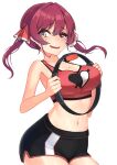  1girl bangs belly blush breasts heterochromia highres hololive houshou_marine large_breasts long_hair looking_at_viewer navel oritonagi red_eyes red_hair ribbon ring_fit_adventure smile solo sports_bra twintails virtual_youtuber yellow_eyes 