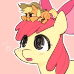  apple_bloom_(mlp) applejack_(mlp) blonde_hair blush clothing cutie_mark duo equid equine friendship_is_magic hair hat headgear headwear horse looking_up low_res mammal my_little_pony open_mouth orange_body pink_hair pony ribbons shunji simple_background size_difference yellow_body 
