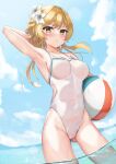  1girl :t absurdres arm_behind_head arm_up armpits ass_visible_through_thighs ball bangs bare_arms bare_shoulders beachball bikini blonde_hair blush breasts cleavage day flower genshin_impact hair_flower hair_ornament highres holding large_breasts long_hair looking_at_viewer lumine_(genshin_impact) medium_breasts medium_hair outdoors pout sidelocks skai_kun skindentation solo spaghetti_strap standing swimsuit thighs wading water white_bikini yellow_eyes 
