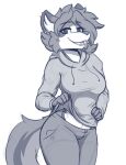  2021 anthro blue_eyes canid canine canis clothed clothing clothing_lift digital_media_(artwork) domestic_dog ear_piercing ear_ring female hi_res hoodie infinitedge2u looking_at_viewer mammal open_mouth piercing smile solo teeth tongue topwear 
