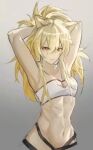  1girl animal_ears arknights armpits arms_up bandeau bangs bare_arms bare_shoulders blonde_hair breasts chinese_commentary cleavage commentary_request dabaijiang_memeda eyebrows_visible_through_hair gradient gradient_background grey_background hair_between_eyes lion_ears long_hair looking_at_viewer midriff navel parted_lips siege_(arknights) small_breasts solo stomach strapless tubetop upper_body v-shaped_eyebrows yellow_eyes 