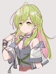  1girl :o ahoge bangs bare_shoulders black_camisole black_collar blush braid breasts camisole cleavage collar cropped_torso ear_piercing eyebrows_visible_through_hair green_eyes green_hair grey_background grey_jacket hand_up highres jacket long_hair medium_breasts meito_(maze) morinaka_kazaki multicolored_hair nijisanji off_shoulder open_clothes open_jacket parted_lips piercing pink_hair short_sleeves simple_background solo studded_bracelet studded_collar two-tone_hair upper_body very_long_hair virtual_youtuber 