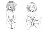  2girls bangs barefoot blush bow breasts closed_eyes closed_mouth drill_hair eyebrows_visible_through_hair greyscale hair_between_eyes hair_bow harukaze_(kancolle) highres kantai_collection lineart monochrome multiple_girls naked_towel now open_mouth short_hair short_sleeves simple_background sitting small_breasts towel traditional_media tsuji_kazuho twin_drills twintails wavy_mouth yukikaze_(kancolle) 