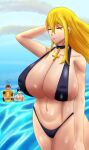  1girl 2boys abs absurdres beach bikini blonde_hair breasts character_request cleavage closed_eyes closed_mouth cross cross_necklace curvy double_(skullgirls) drawing eyebrows_visible_through_hair hand_on_own_head highres huge_breasts jewelry long_hair multiple_boys muscular muscular_male necklace open_mouth shiny shiny_skin skullgirls swimsuit thong_bikini 