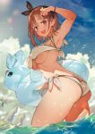  1girl animal armpits ass atelier_(series) atelier_ryza bangs bare_shoulders bikini bird blue_sky blush bracelet breasts brown_eyes brown_hair cloud cloudy_sky day earrings eyebrows_visible_through_hair hair_ornament hairband hairclip highres holding innertube jewelry looking_at_viewer medium_breasts ocean official_art open_mouth outdoors partially_submerged reisalin_stout see-through shiny shiny_hair simple_background sky smile solo swimsuit thighs toridamono underboob water water_drop wet white_bikini 