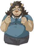  2021 anthro bottomwear clothing eyewear felid glasses hi_res humanoid_hands kemono lion male mammal overweight overweight_male pantherine pants shirt simple_background solo topwear train_(artist) white_background 
