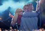 2girls ahoge alternate_hairstyle artoria_pendragon_(all) artoria_pendragon_(lancer)_(fate) blonde_hair blurry blush braid cape capelet child_carry crown crown_braid depth_of_field fate/grand_order fate_(series) french_braid fur-trimmed_capelet fur_trim green_eyes horse long_hair looking_at_another mordred_(fate)_(all) multiple_girls night reins smile very_long_hair white_cape yorukun younger 