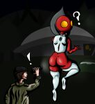  absurd_res alien alien_humanoid anthro beanie brown_hair clothing cryptid duo female flashlight flatwoods_monster forest hair hat headgear headwear hi_res human humanoid infiniteshades jacket legwear male mammal metallic_clothing night night_time plant rear_view thigh_highs topwear tree ufo 