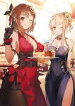  2girls atelier_(series) atelier_ryza atelier_ryza_2 bangs bare_shoulders black_gloves blonde_hair blue_dress blush bow breasts brown_eyes brown_hair cake cake_slice cleavage cocktail_glass cup dress drinking_glass food fork gloves green_eyes hair_ornament highres holding indoors klaudia_valentz looking_at_viewer medium_breasts multiple_girls o-ring official_art one_eye_closed pantyhose red_dress reisalin_stout shiny shiny_hair shiny_skin side_slit single_glove sleeveless smile tied_hair tongue tongue_out toridamono 