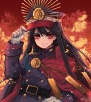  1girl absurdres belt cape chain family_crest fate/grand_order fate_(series) gloves hand_on_headwear hand_on_own_hip hat highres long_sleeves looking_at_viewer medallion military_hat nmercy oda_nobunaga_(fate) oda_uri peaked_cap red_background red_cape red_eyes solo upper_body 
