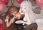  2girls animal_ears black_bow black_bowtie black_leotard black_pantyhose blanc_(nikke) blunt_bangs blush bow bowtie breasts brown_eyes brown_hair cake dark-skinned_female dark_skin detached_collar fake_animal_ears fake_tail fang fishnet_pantyhose fishnets food food_on_body food_on_breasts gmi_(jimmyovob) goddess_of_victory:_nikke hair_intakes highleg highleg_leotard highres holding holding_plate large_breasts leotard long_hair looking_at_viewer lying medium_breasts multiple_girls noir_(nikke) on_back one_eye_closed open_mouth orange_eyes pantyhose plate playboy_bunny rabbit_ears rabbit_tail skin_fang smile strapless strapless_leotard tail very_long_hair white_hair white_leotard wrist_cuffs 