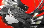  1girl black_hair chain close-up eyelashes family_crest fate/grand_order fate_(series) hat kaname_ryou limited_palette lips long_hair looking_ahead oda_nobunaga_(fate) oda_uri parted_lips portrait red_background red_eyes simple_background solo 