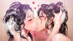  2girls bath black_hair blush eyelashes french_kiss heart highres kiss mole mole_under_mouth multiple_girls original soap soap_bubbles washing_another washing_hair wet wet_hair yuri yuritamashi 