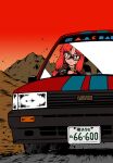  1girl alternate_costume alternate_eye_color alternate_hair_color bespectacled black_eyes brown_shirt car choro-q commentary_request driving glasses gradient_sky kotonoha_akane long_hair looking_ahead low-tied_sidelocks motion_lines motor_vehicle mountainous_horizon nisaka outdoors red_hair red_sky serious shirt sidelocks sky solo sweat v-shaped_eyebrows voiceroid 