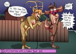 2023 absurd_res anthro antlers ariel_(deerkid) bent_leg black_nose blush blush_lines blushing_profusely body_blush bovid breast_blush breasts brown_body brown_fur building capri_(deerkid) caprine cheek_tuft chest_tuft covering covering_breasts covering_crotch covering_self crotch_blush deer deerkid dialogue digital_drawing_(artwork) digital_media_(artwork) duo electronics embarrassed eyebrows facial_tuft female fence floppy_ears fluffy fluffy_tail fur goat grass hair head_tuft hi_res holding_microphone holding_object hooves horn house interview looking_at_another looking_at_viewer male mammal microphone navel news night nude on_one_leg open_mouth orange_hair outside plant public public_nudity scut_tail short_tail sky speech_bubble standing tail tongue tuft