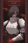  1girl android armor black_hair blood blood_on_face disembodied_limb elster_(signalis) german_text h&amp;k_smg_ii highres horror_(theme) joints laser_sight nnnmengmeng pillarboxed robot_joints science_fiction signalis solo upper_body white_armor 