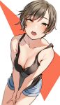  1girl :o absurdres armpit_crease bangs bare_arms bare_shoulders between_legs black_tank_top blue_shorts blurry breasts brown_hair cleavage collarbone cowboy_shot depth_of_field eyebrows_visible_through_hair from_above hand_between_legs highres invisible_chair kakaobataa light_blush looking_at_viewer looking_up medium_breasts open_mouth orange_background original short_hair shorts sitting solo tank_top triangle two-tone_background upper_teeth v_arms white_background yellow_eyes 