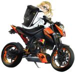  1girl backpack bag black_pants blonde_hair blue_eyes check_vehicle commentary_request dekomegane glasses jacket ktm_690_duke ktm_ag long_hair looking_at_viewer motor_vehicle motorcycle original pants sasetsu simple_background sitting solo thick_eyebrows white_background white_jacket 