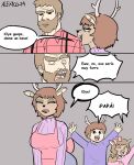 anthro beard big_breasts breasts brown_body brown_hair clothed clothing comic deer dialogue facial_hair family female freckles group hair hi_res human humor hybrid lumberjack male male/female mammal signature simple_background spanish_text text thecooleralexico_(artist)