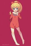  1girl blonde_hair blue_eyes boots chargeman_ken! dress highres izumi_caron jewelry necklace pearl_necklace ponytail red_background red_dress simple_background smile solo sudakoyarou tongue tongue_out white_footwear 