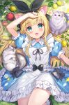  1girl :3 akabane_(zebrasmise) animal animal_ear_fluff animal_ears apron arm_up bangs black_bow blonde_hair blue_dress blue_eyes blush bow cat cat_ears cat_girl cat_tail collared_dress commentary_request dress eyebrows_visible_through_hair fang flower food frilled_dress frills fruit hair_bow highres long_hair looking_at_viewer lying mononobe_alice nijisanji on_back open_mouth outdoors puffy_short_sleeves puffy_sleeves ribbon shoes short_sleeves smile tail very_long_hair 
