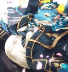 absurd_res anthro blue_body boar_stag144 braided_hair braided_ponytail dragon facial_hair hair hi_res lifewonders male mature_male necktie overweight ponytail qinglong solo tokyo_afterschool_summoners white_hair yellow_eyes